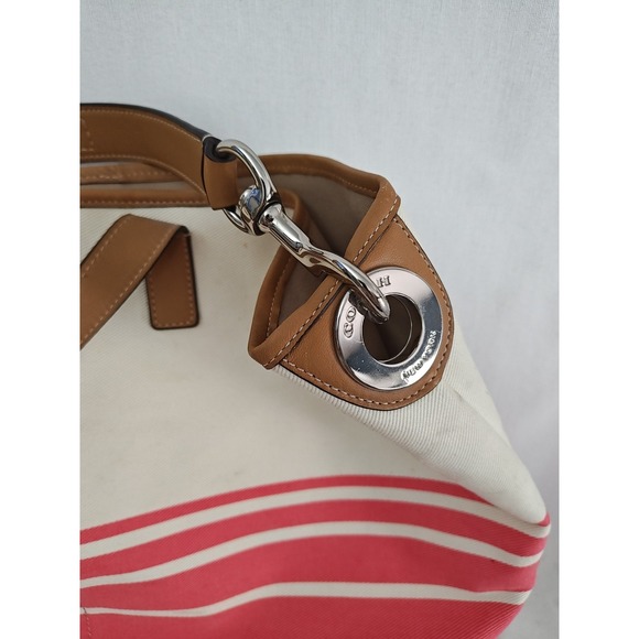 Coach Hadley Variegated Coral & Beige Striped Canvas Leather Tote Bag F30302 - Picture 3 of 16
